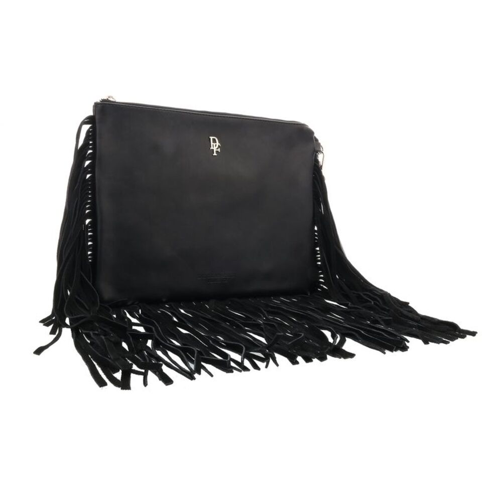 Daniela Fargion Black Leather Suede Fringe Pouch Clutch